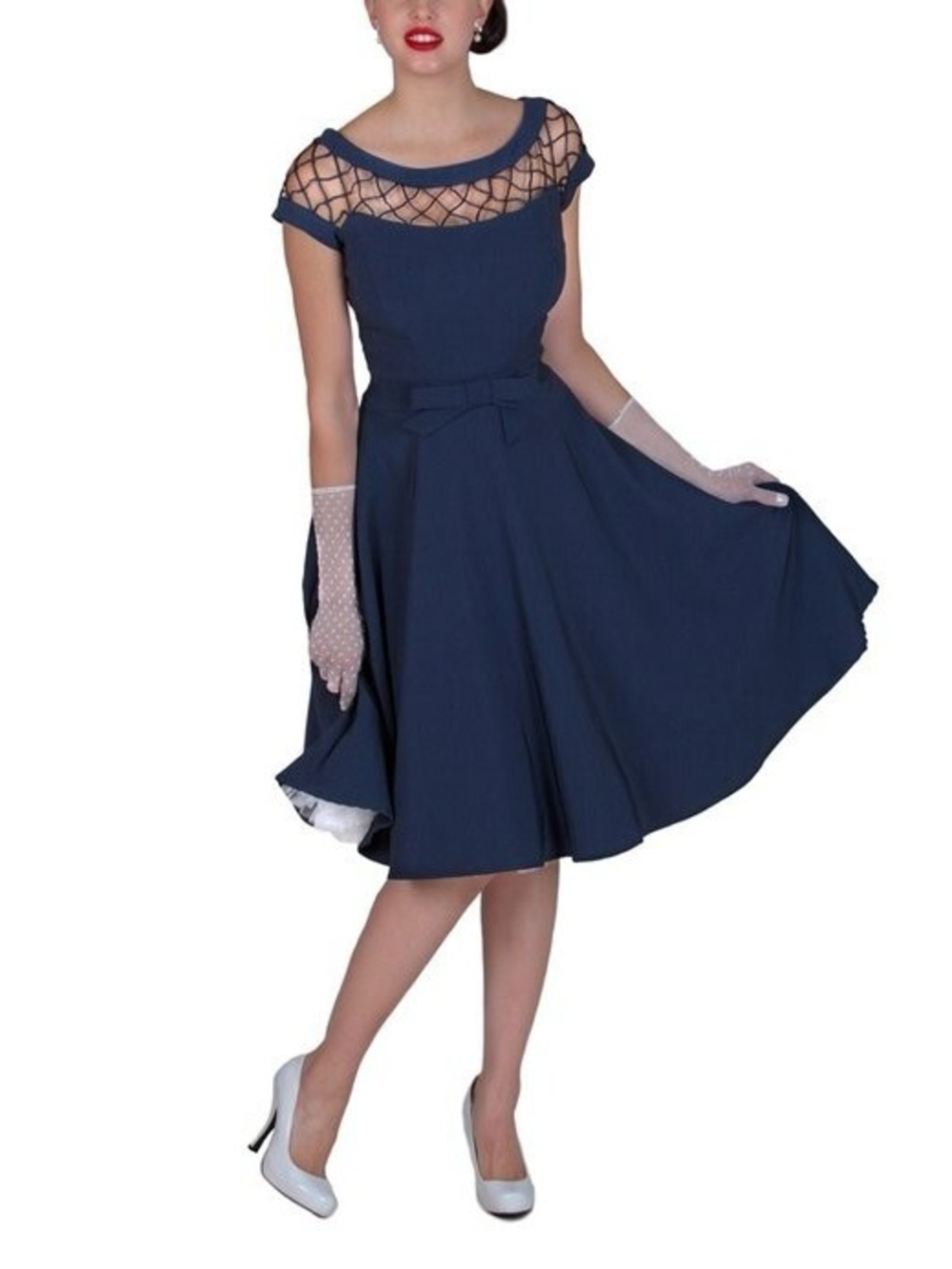 Tatyana Navy Retro Fit & Flare Dress | Lattice Mesh Neckline | Size M